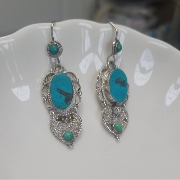 Vintage Sterling Silver Turquoise Boho Western Tribal Exotic Drop Earrings - Picture 4 of 9